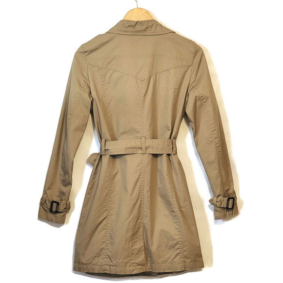 Pull & Bear Double Breasted Belt Tie Waist Mid Length Tan Trench Coat Size S - Picture 9 of 16